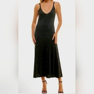 TAYLOR Knit Metallic Gold Shimmer Black Midi Dress Size XS S M L